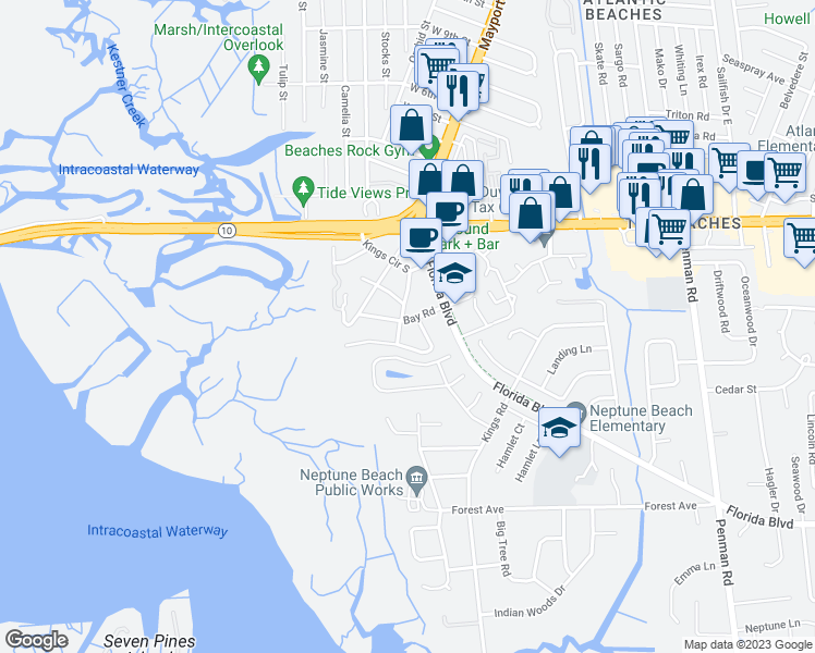 map of restaurants, bars, coffee shops, grocery stores, and more near 2033 Oleander Place in Neptune Beach