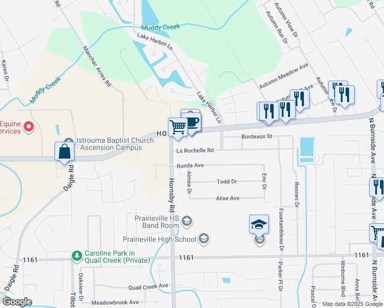 map of restaurants, bars, coffee shops, grocery stores, and more near 40055 La Rochelle Road in Prairieville