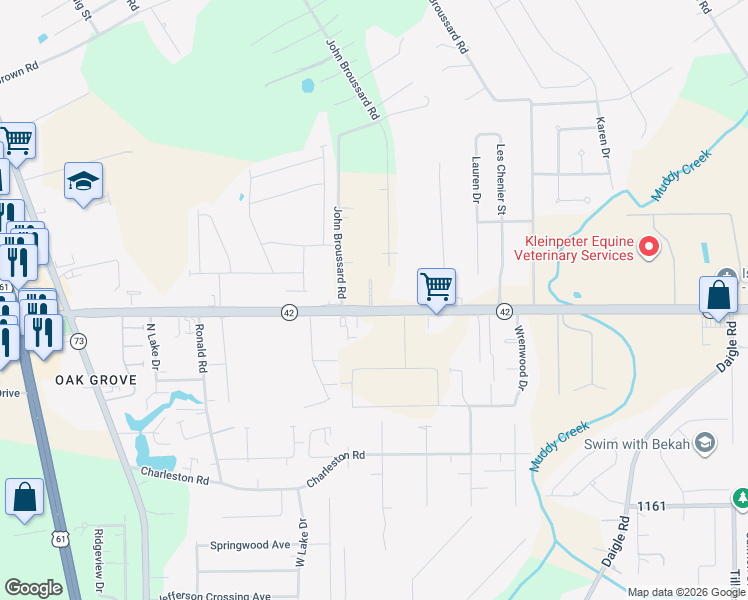 map of restaurants, bars, coffee shops, grocery stores, and more near 38418 Louisiana 42 in Prairieville