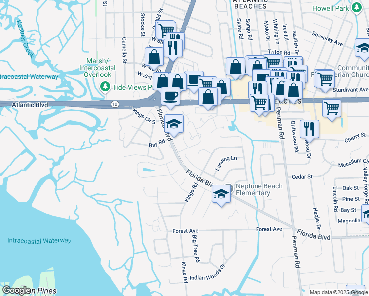 map of restaurants, bars, coffee shops, grocery stores, and more near 2000 Poinciana Road in Neptune Beach