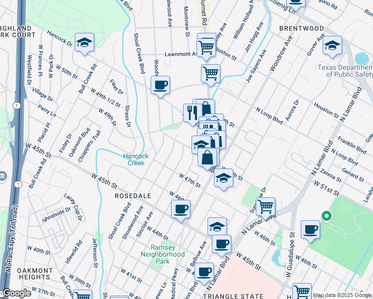 map of restaurants, bars, coffee shops, grocery stores, and more near 4811 Sinclair Avenue in Austin