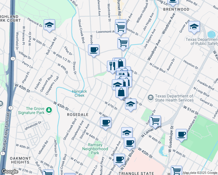map of restaurants, bars, coffee shops, grocery stores, and more near 4811 Sinclair Avenue in Austin