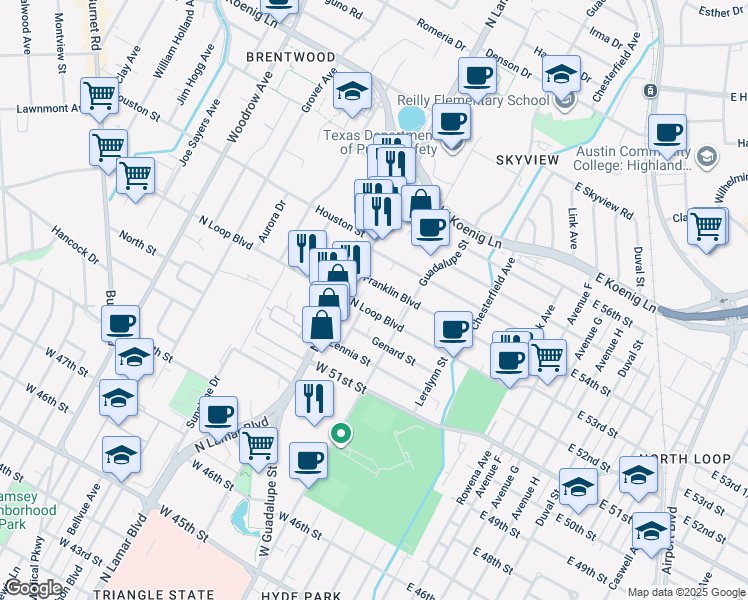map of restaurants, bars, coffee shops, grocery stores, and more near 616 West North Loop Boulevard in Austin