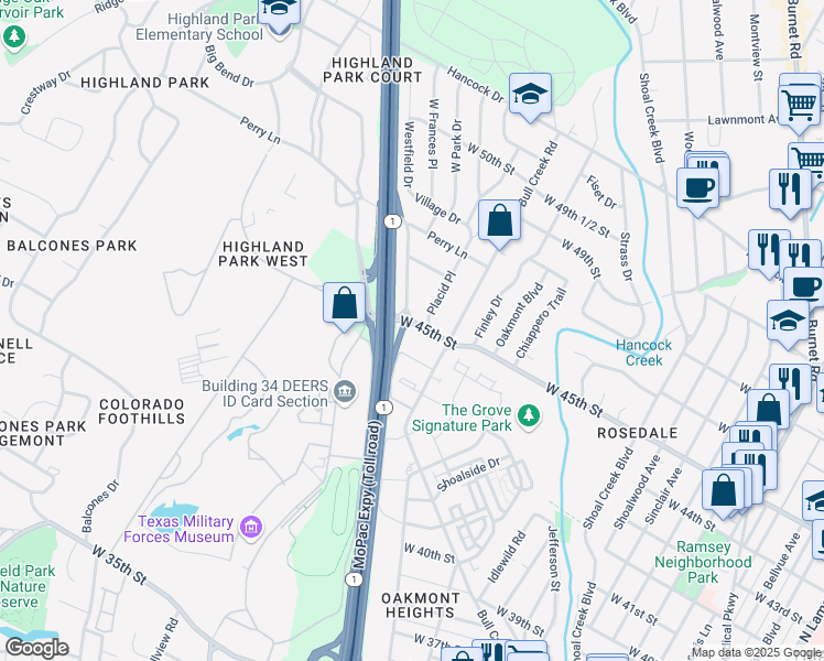 map of restaurants, bars, coffee shops, grocery stores, and more near 2903 West 45th Street in Austin
