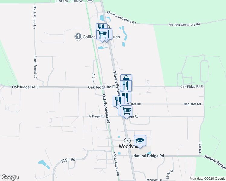 map of restaurants, bars, coffee shops, grocery stores, and more near 8220-8378 Woodville Highway in Tallahassee