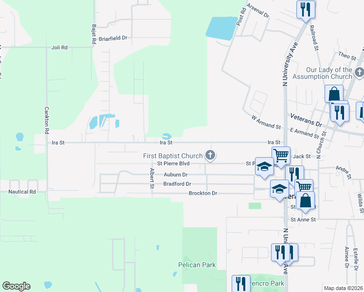 map of restaurants, bars, coffee shops, grocery stores, and more near 317 Ira Street in Carencro