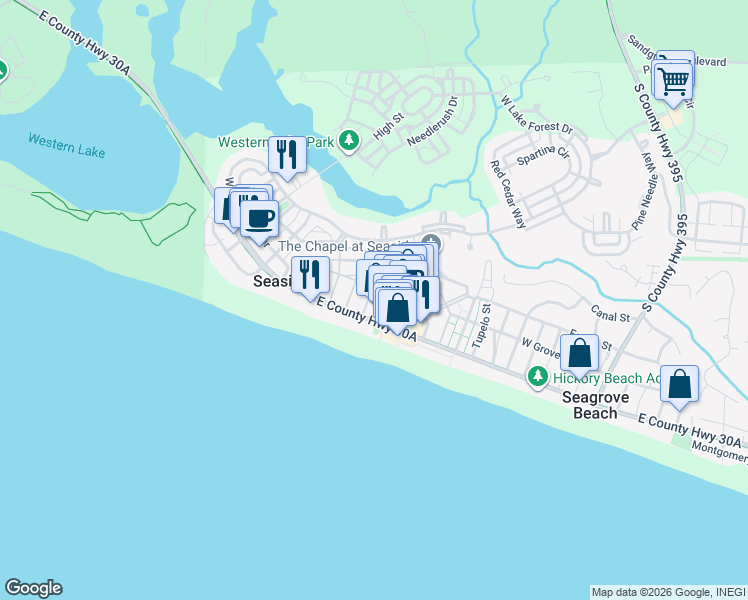 map of restaurants, bars, coffee shops, grocery stores, and more near 31 Smolian Circle in Santa Rosa Beach