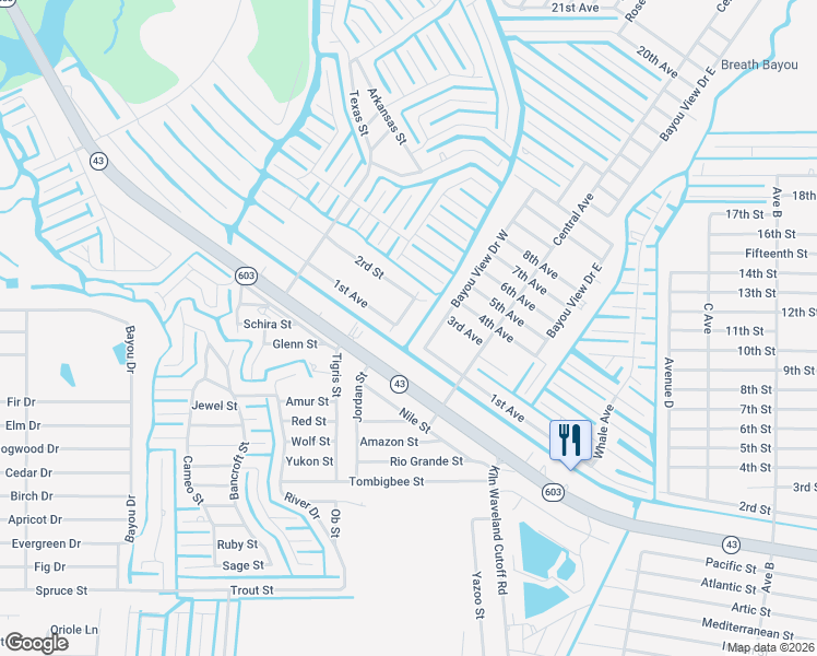 map of restaurants, bars, coffee shops, grocery stores, and more near 10016 Avenue H in Bay St. Louis