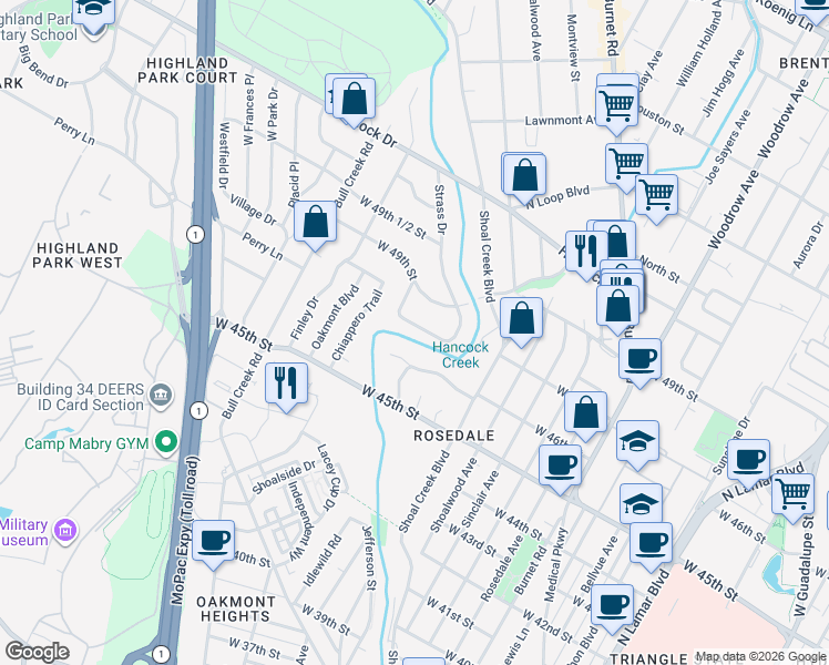 map of restaurants, bars, coffee shops, grocery stores, and more near 2613 Pembrook Trail in Austin