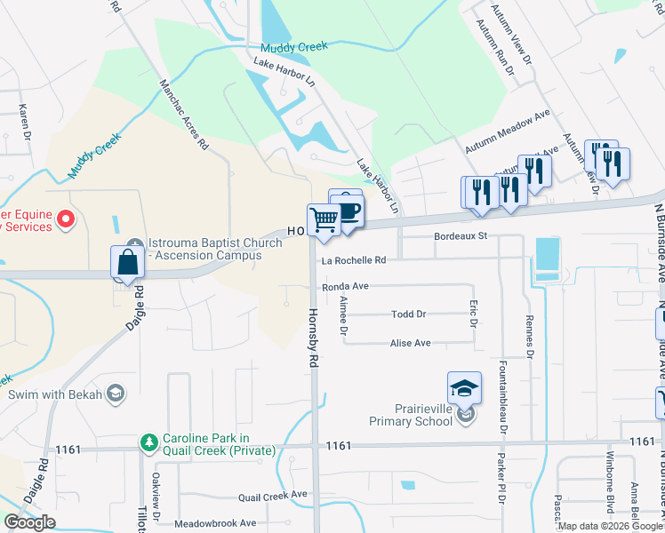 map of restaurants, bars, coffee shops, grocery stores, and more near 40055 La Rochelle Road in Prairieville