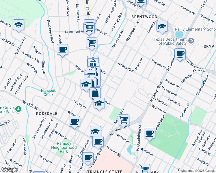 map of restaurants, bars, coffee shops, grocery stores, and more near 5006 Lynndale Drive in Austin