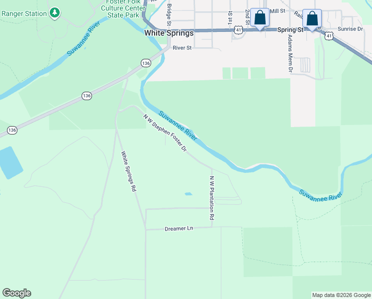 map of restaurants, bars, coffee shops, grocery stores, and more near 592 North West Stephen Foster Drive in White Springs