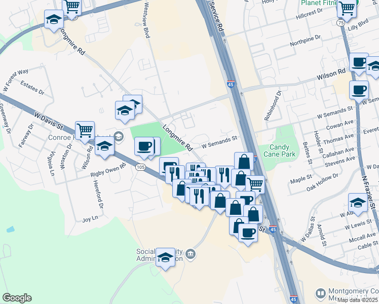 map of restaurants, bars, coffee shops, grocery stores, and more near 505 Longmire Road in Conroe