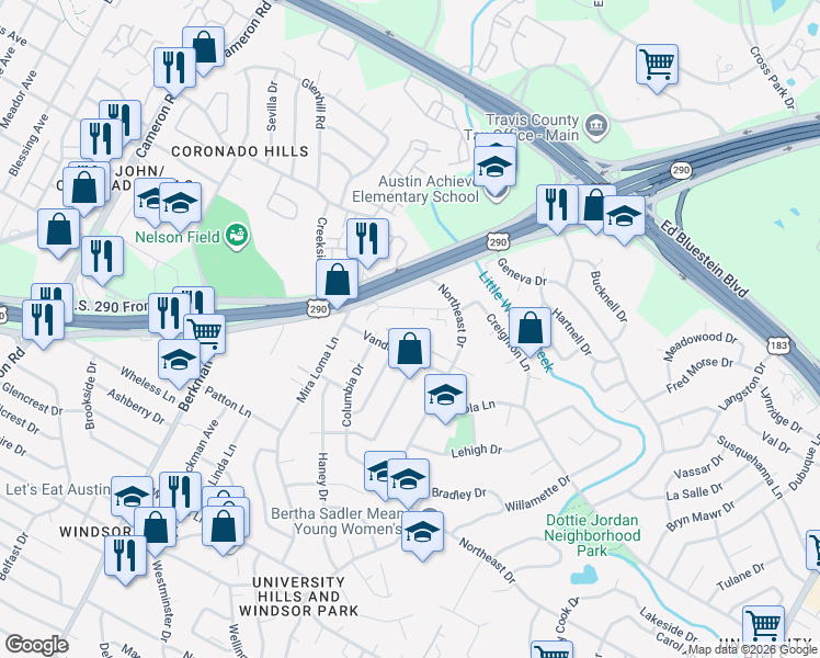 map of restaurants, bars, coffee shops, grocery stores, and more near 7108 Northeast Drive in Austin
