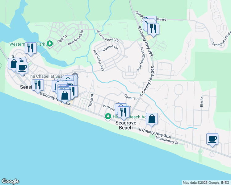 map of restaurants, bars, coffee shops, grocery stores, and more near 251 Dogwood Street in Santa Rosa Beach