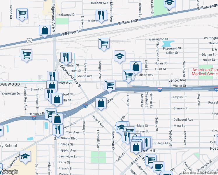 map of restaurants, bars, coffee shops, grocery stores, and more near 542 Arnau Terrace in Jacksonville