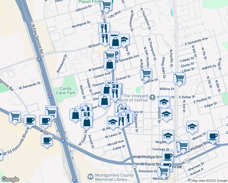 map of restaurants, bars, coffee shops, grocery stores, and more near 1230 North Frazier Street in Conroe