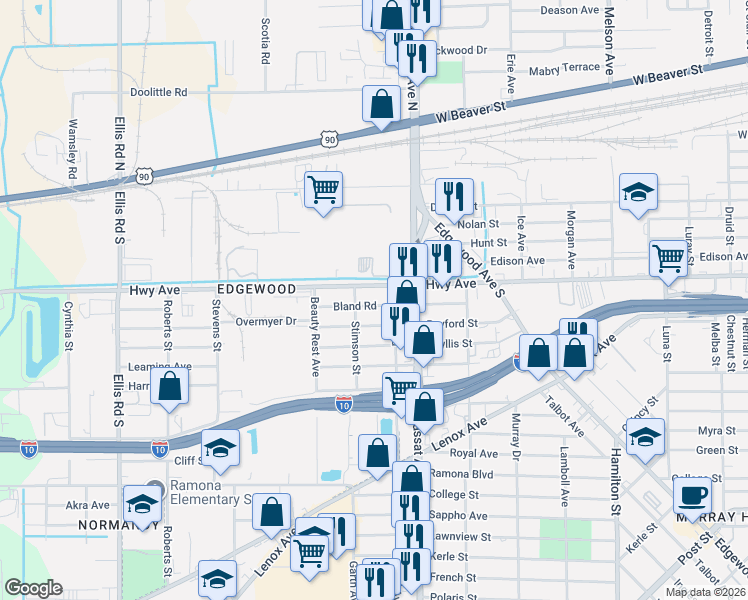 map of restaurants, bars, coffee shops, grocery stores, and more near 5105 Bland Road in Jacksonville