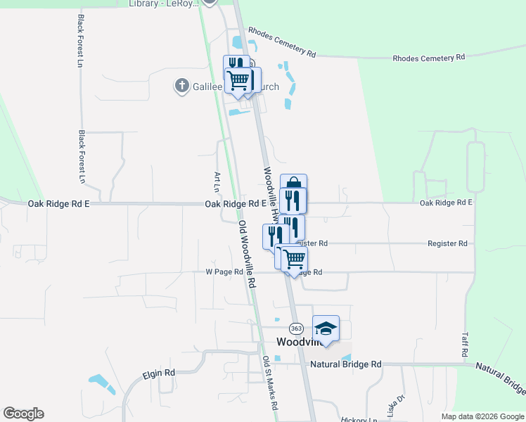 map of restaurants, bars, coffee shops, grocery stores, and more near 8220-8378 Woodville Highway in Tallahassee