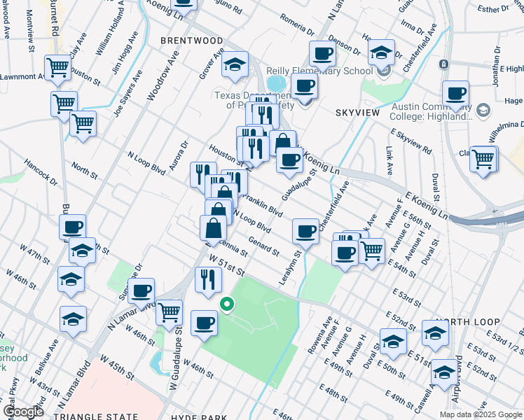 map of restaurants, bars, coffee shops, grocery stores, and more near 616 West North Loop Boulevard in Austin