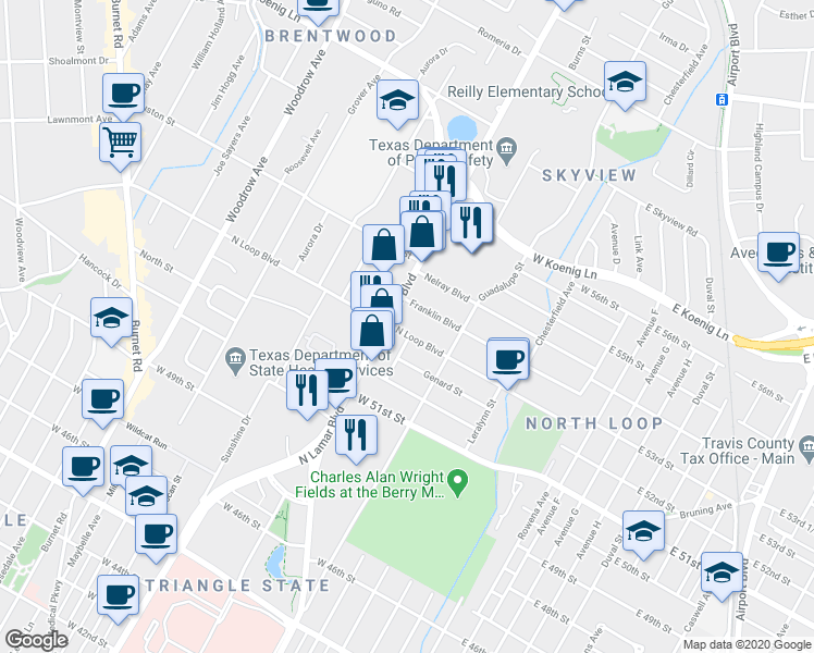 map of restaurants, bars, coffee shops, grocery stores, and more near 616 West North Loop Boulevard in Austin