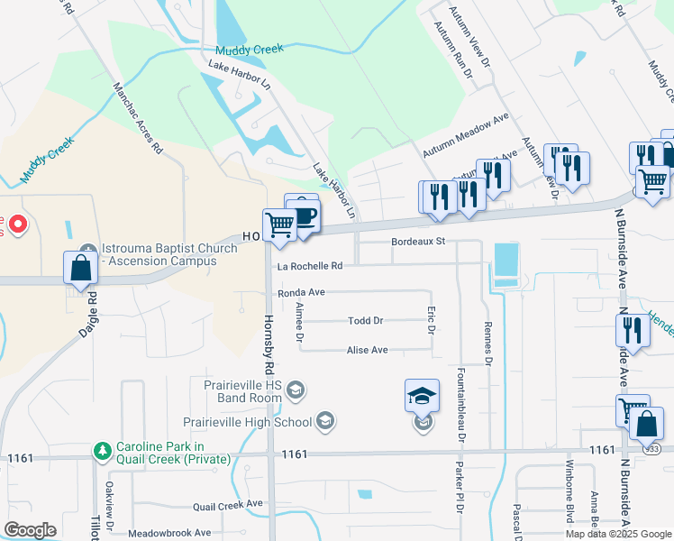 map of restaurants, bars, coffee shops, grocery stores, and more near 40105 La Rochelle Road in Prairieville