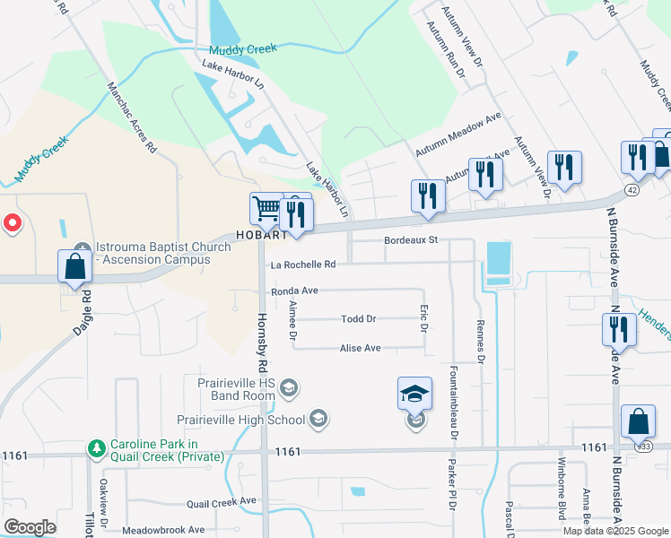 map of restaurants, bars, coffee shops, grocery stores, and more near 40105 La Rochelle Road in Prairieville