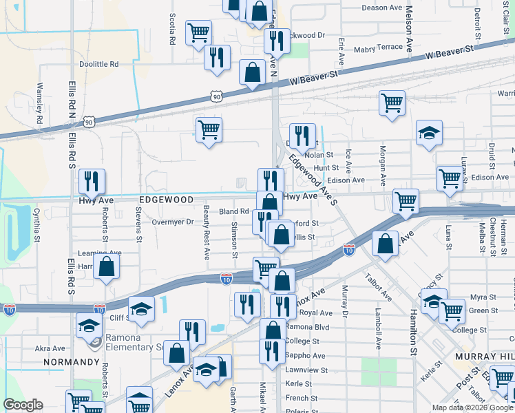 map of restaurants, bars, coffee shops, grocery stores, and more near 5105 Bland Road in Jacksonville