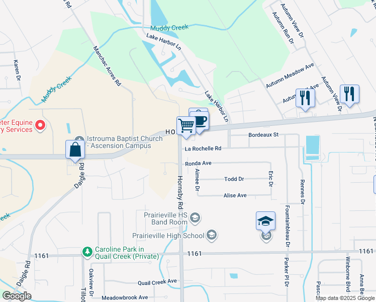 map of restaurants, bars, coffee shops, grocery stores, and more near 40023 La Rochelle Road in Prairieville