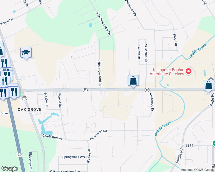 map of restaurants, bars, coffee shops, grocery stores, and more near 38418 Louisiana 42 in Prairieville