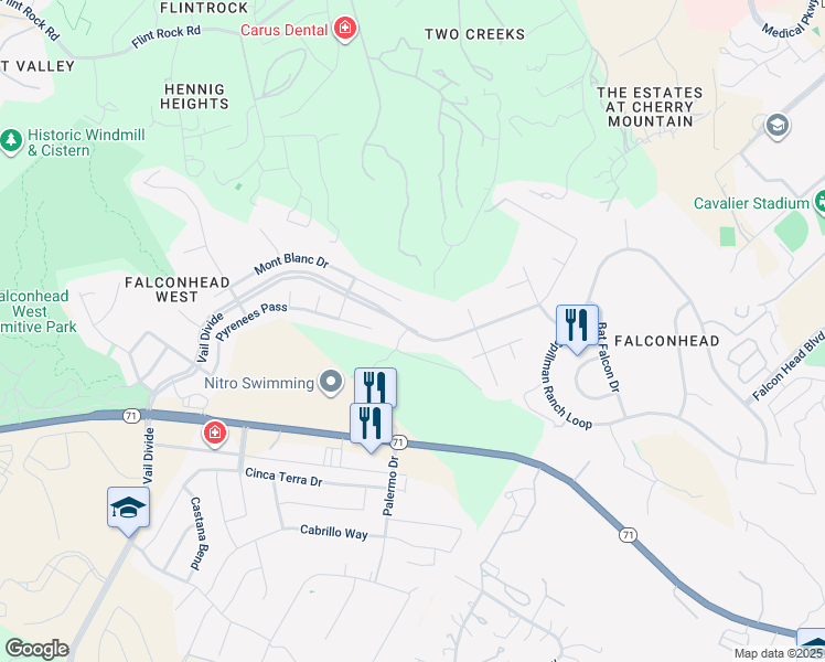 map of restaurants, bars, coffee shops, grocery stores, and more near Vail Divide in Austin