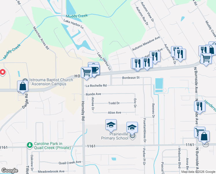 map of restaurants, bars, coffee shops, grocery stores, and more near 40105 La Rochelle Road in Prairieville