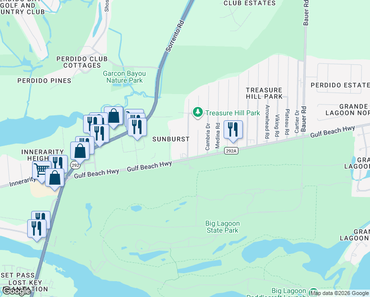 map of restaurants, bars, coffee shops, grocery stores, and more near 5507 Avon Road in Pensacola