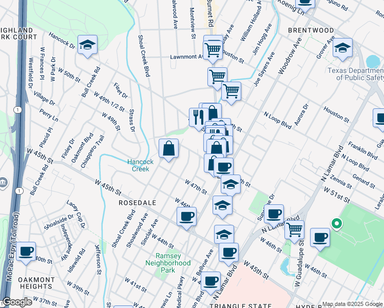 map of restaurants, bars, coffee shops, grocery stores, and more near 2205 West 49th Street in Austin