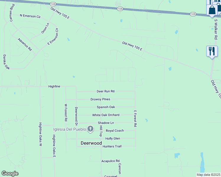 map of restaurants, bars, coffee shops, grocery stores, and more near 17439 Deer Run Road in Conroe