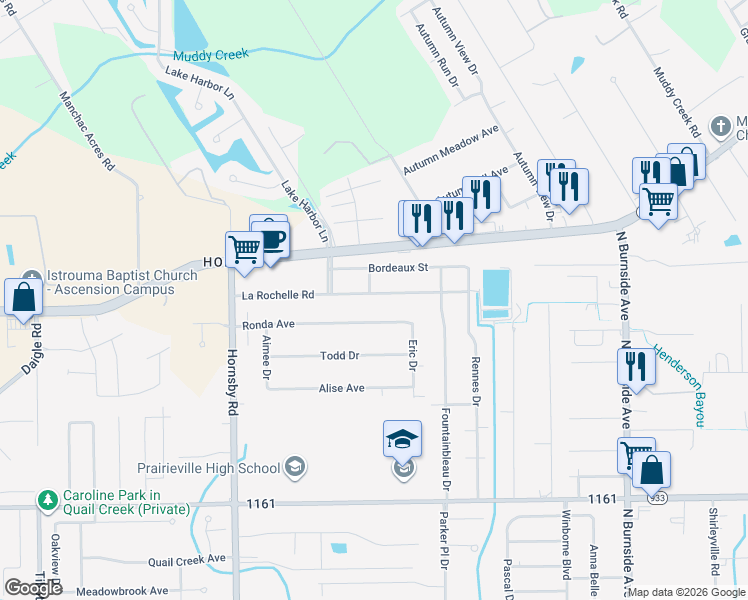 map of restaurants, bars, coffee shops, grocery stores, and more near 40193 La Rochelle Road in Prairieville