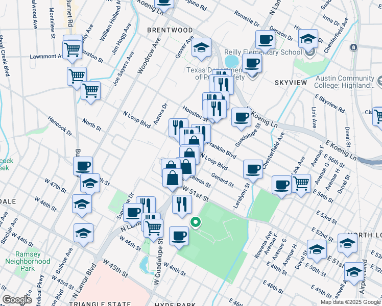 map of restaurants, bars, coffee shops, grocery stores, and more near 5242 North Lamar Boulevard in Austin