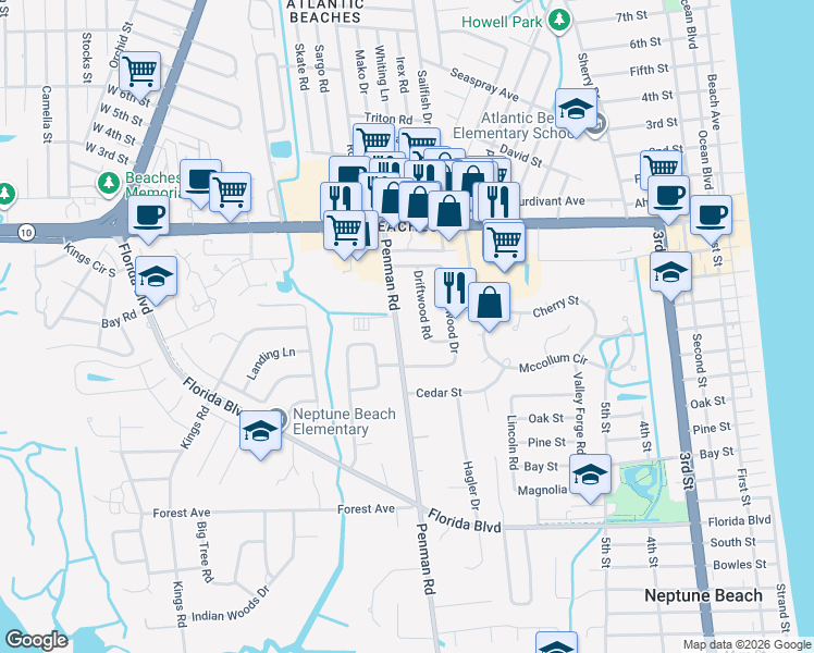 map of restaurants, bars, coffee shops, grocery stores, and more near 417 Penman Road in Neptune Beach