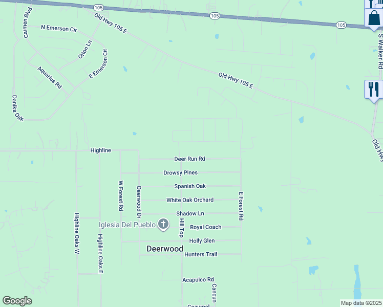 map of restaurants, bars, coffee shops, grocery stores, and more near 17439 Deer Run Road in Conroe