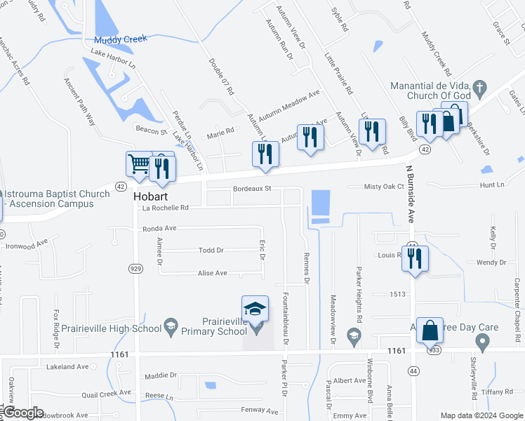 map of restaurants, bars, coffee shops, grocery stores, and more near 40247 La Rochelle Road in Prairieville