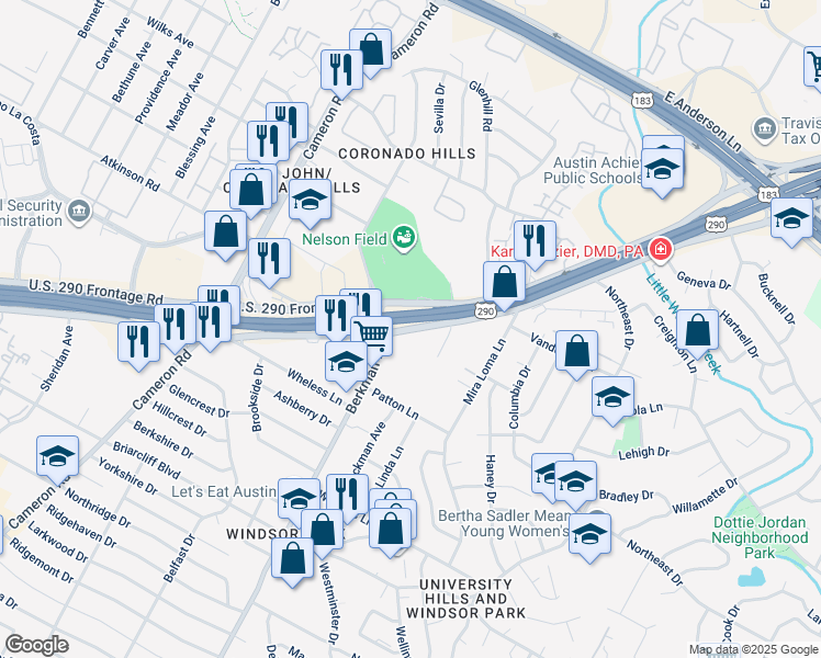 map of restaurants, bars, coffee shops, grocery stores, and more near 6863 U.S. 290 Frontage Road in Austin