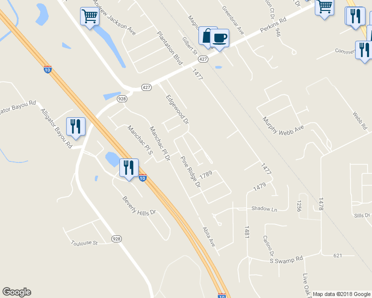 map of restaurants, bars, coffee shops, grocery stores, and more near 18176 River Birch Drive in Prairieville