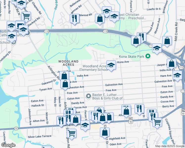 map of restaurants, bars, coffee shops, grocery stores, and more near 7922 India Avenue in Jacksonville