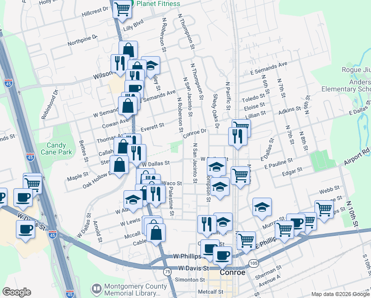 map of restaurants, bars, coffee shops, grocery stores, and more near 1212 North Roberson Street in Conroe