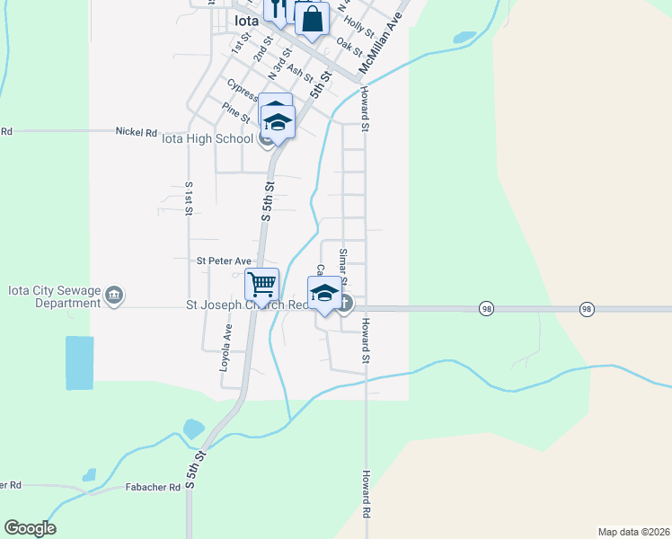 map of restaurants, bars, coffee shops, grocery stores, and more near 716 Simar St in Iota