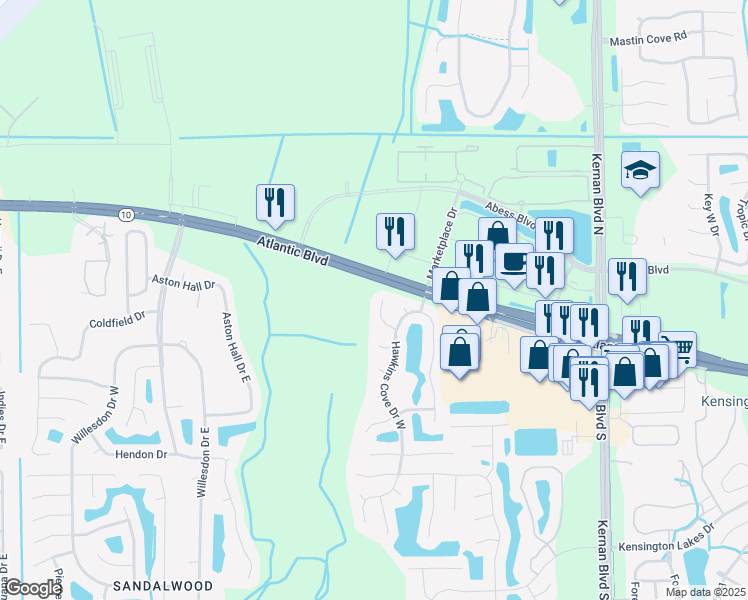 map of restaurants, bars, coffee shops, grocery stores, and more near 12016 Shooting Star Court in Jacksonville