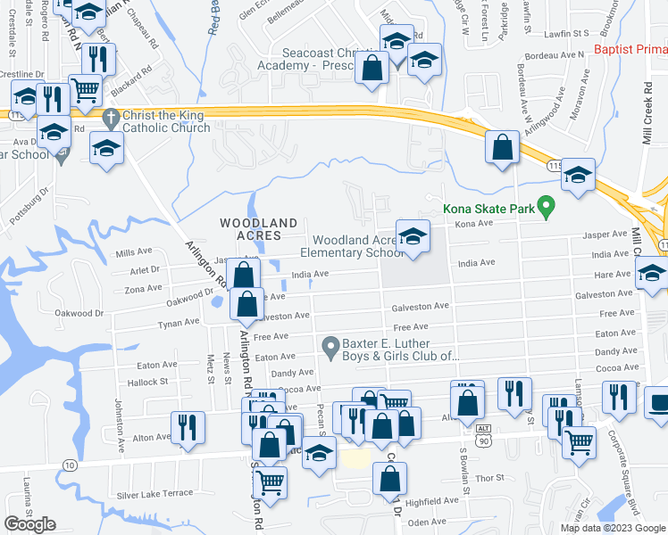 map of restaurants, bars, coffee shops, grocery stores, and more near 7859 India Avenue in Jacksonville