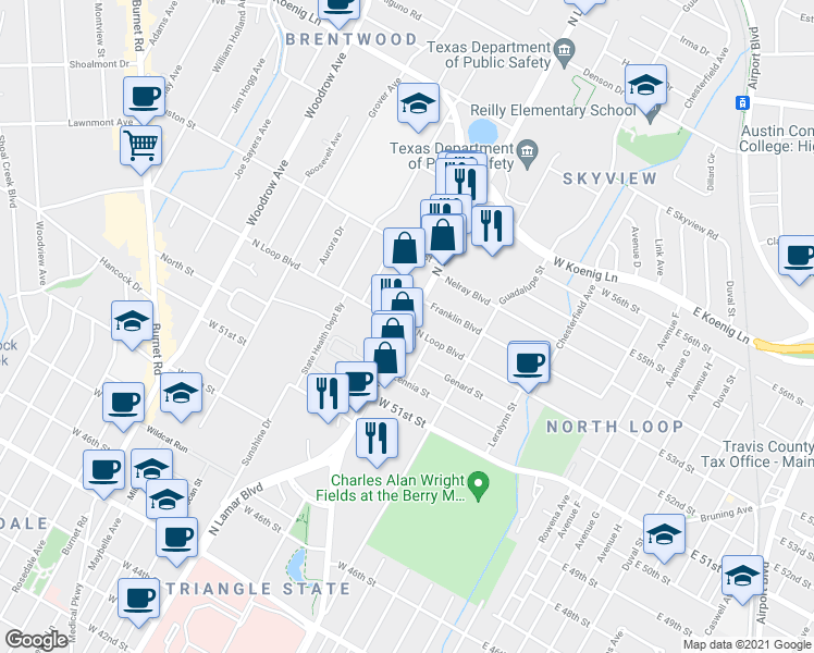 map of restaurants, bars, coffee shops, grocery stores, and more near N Lamar Blvd & W North Loop Blvd in Austin