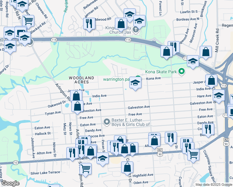map of restaurants, bars, coffee shops, grocery stores, and more near 7922 India Avenue in Jacksonville
