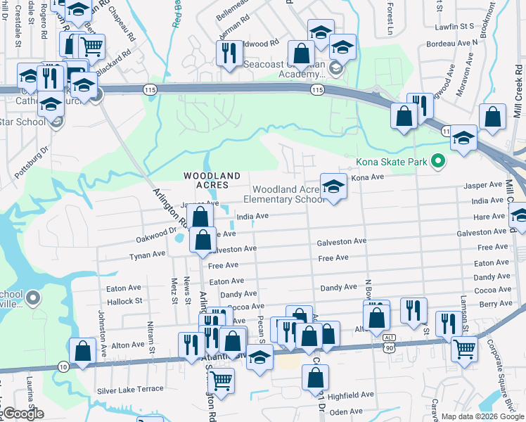 map of restaurants, bars, coffee shops, grocery stores, and more near 7819 India Avenue in Jacksonville